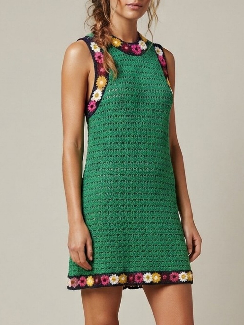 Zara Green Crochet Tank Sleeveless Dress Knit Floral Flower Child 60s 70s Size L